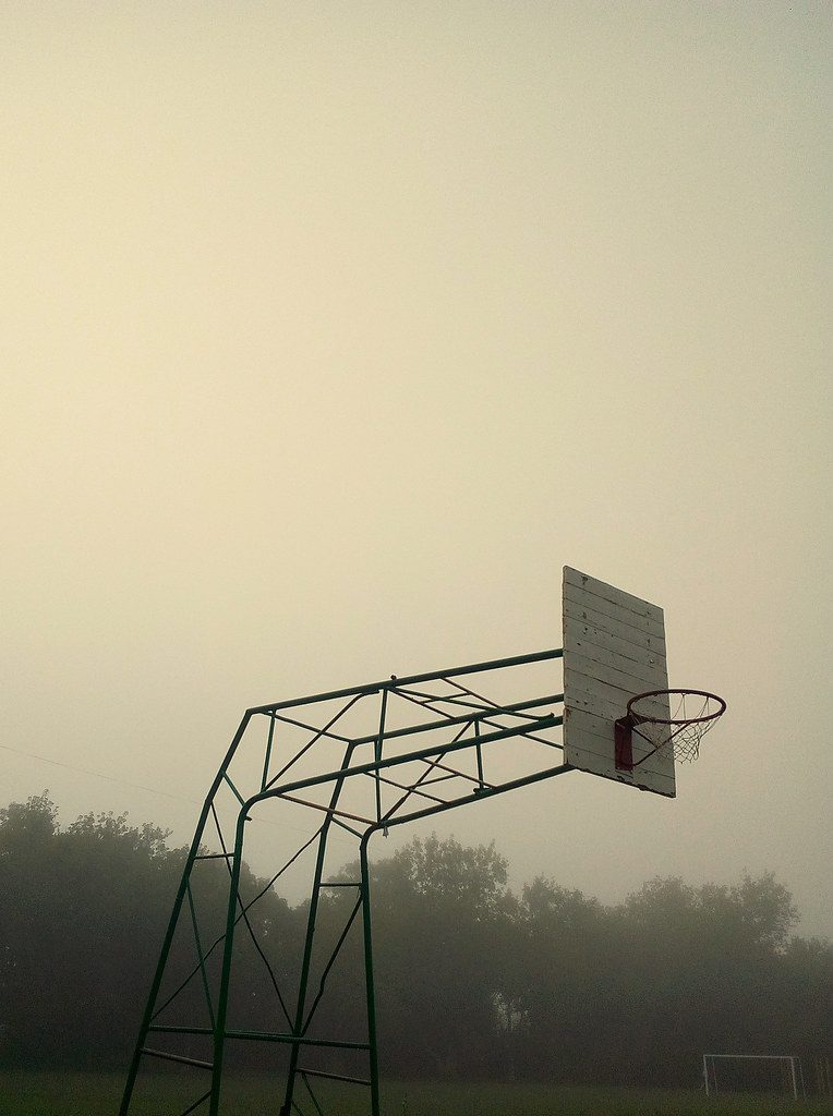 fog, dawn, greenery, after the rain, basketball hoop