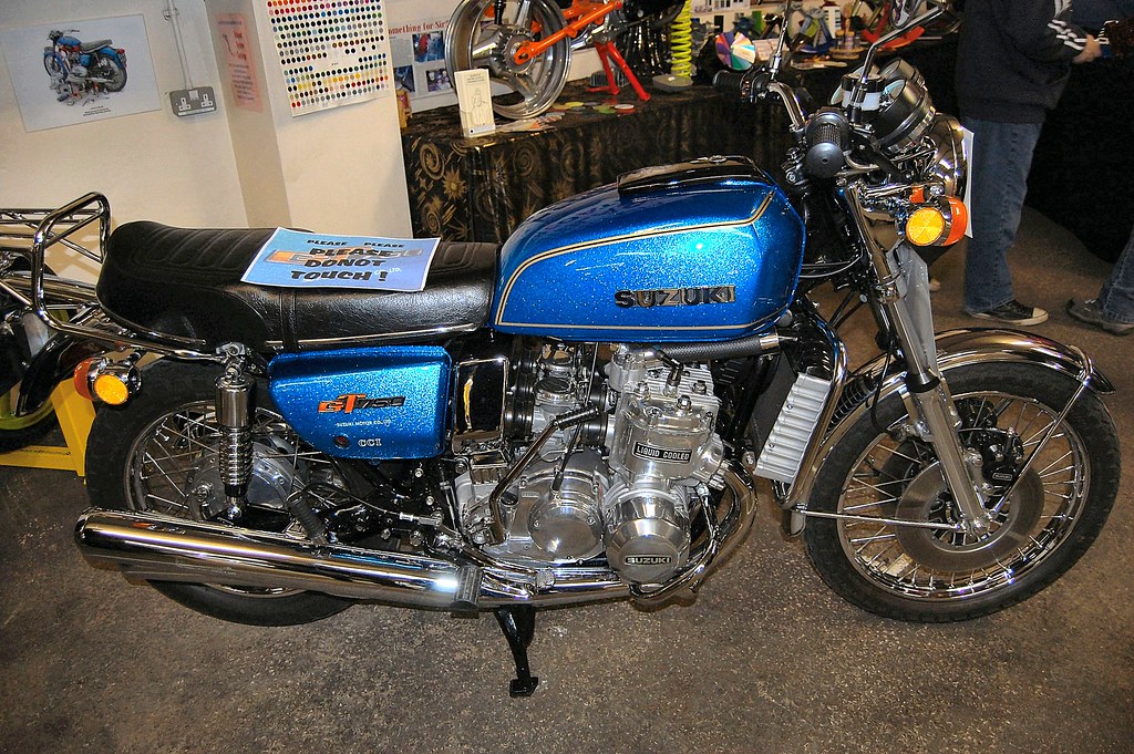 SUZUKI GT 750. (The Suzuki GT750 was a Japanese water cooled three cylinder two stroke motorcycle made by Suzuki between 1971 and 1977.)