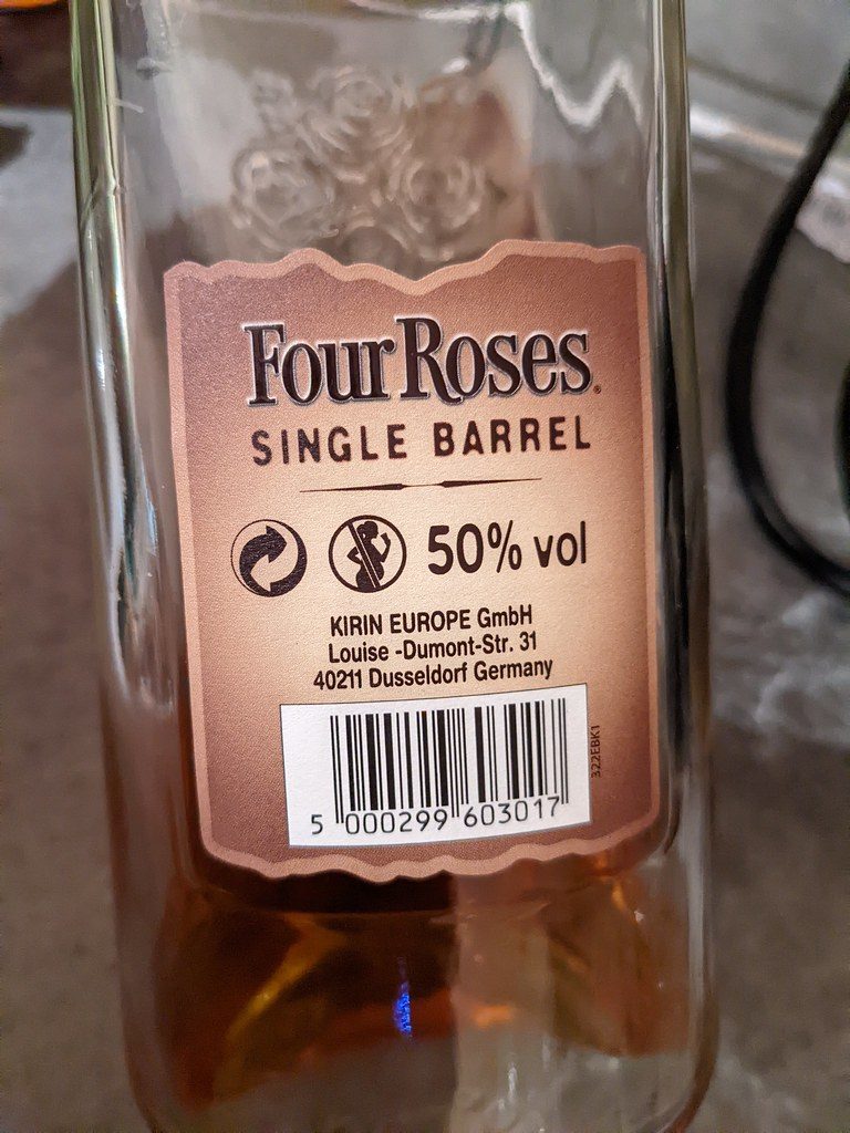 Four Roses Single Barrel label advertising that it is manufactured by Kirin Europe, headquartered in Germany, Les Gets, France
