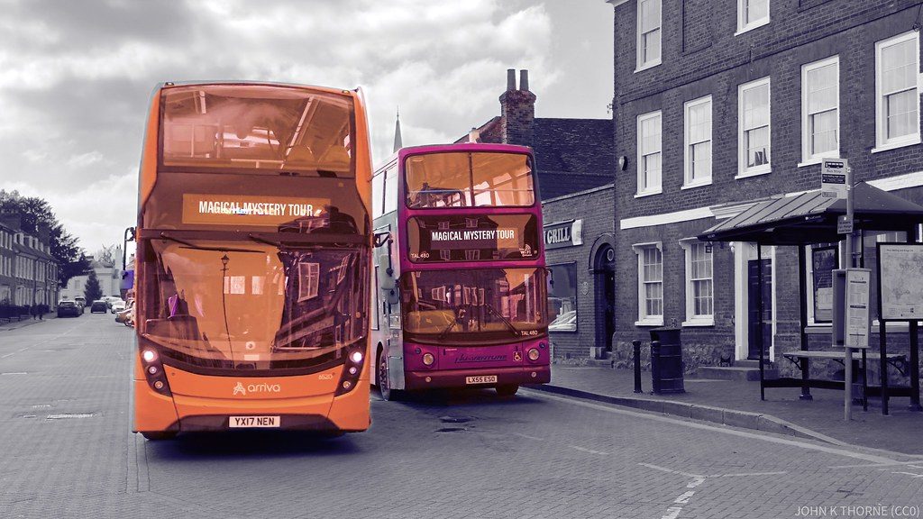 West Malling Magical Mystery Tour. The Beatles started their Mystery Tour from here. Today it was a choice of a 77 or a 72 to Maidstone. A psychedelic style photo. Messing with the bus colours.