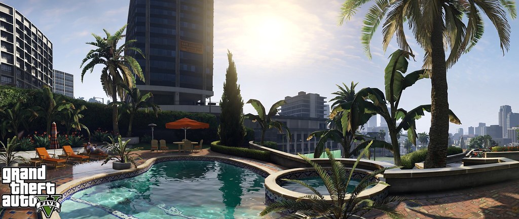 GTAV - Panoramic 2560x1080 Ultrawide 21:9 Widescreen Wallpaper - Micheal Poolside (Day) by The Game Tips And More Blog (GTAV Logo)