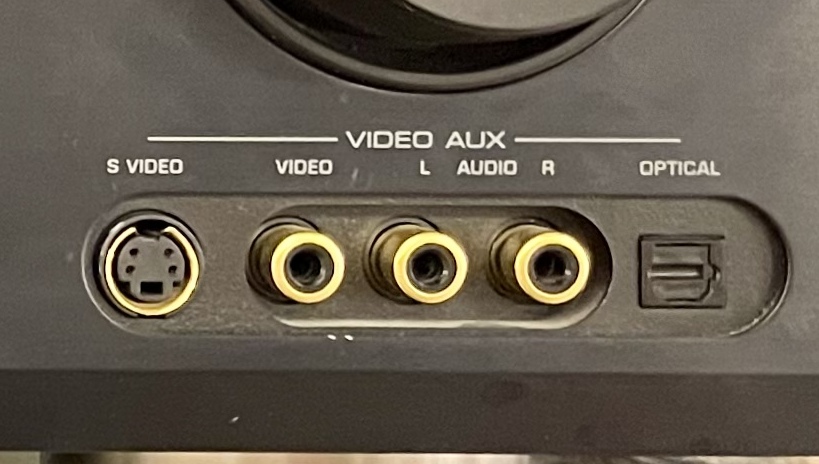 Video Aux inputs (S-Video, RCA for composite video, RCA and TOSLINK for sound) on front of Yamaha RX-V659 AV receiver
