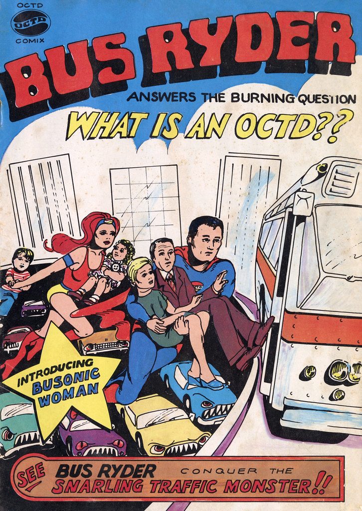 Bus Ryder comic book (cover) promoting the new Orange County Transit District, 1976