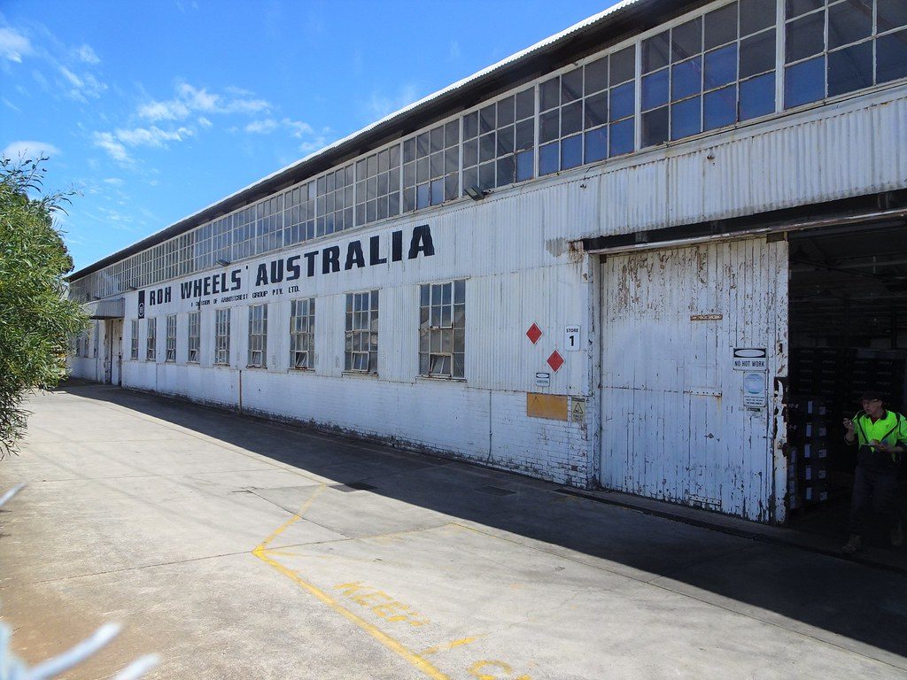 Adelaide. Finsbury World War Two ammunitions site. This glavanised iron saw tooth factory became the ROH wheels factory around 1946. Now not a factory only a warehouse for imported tyres..