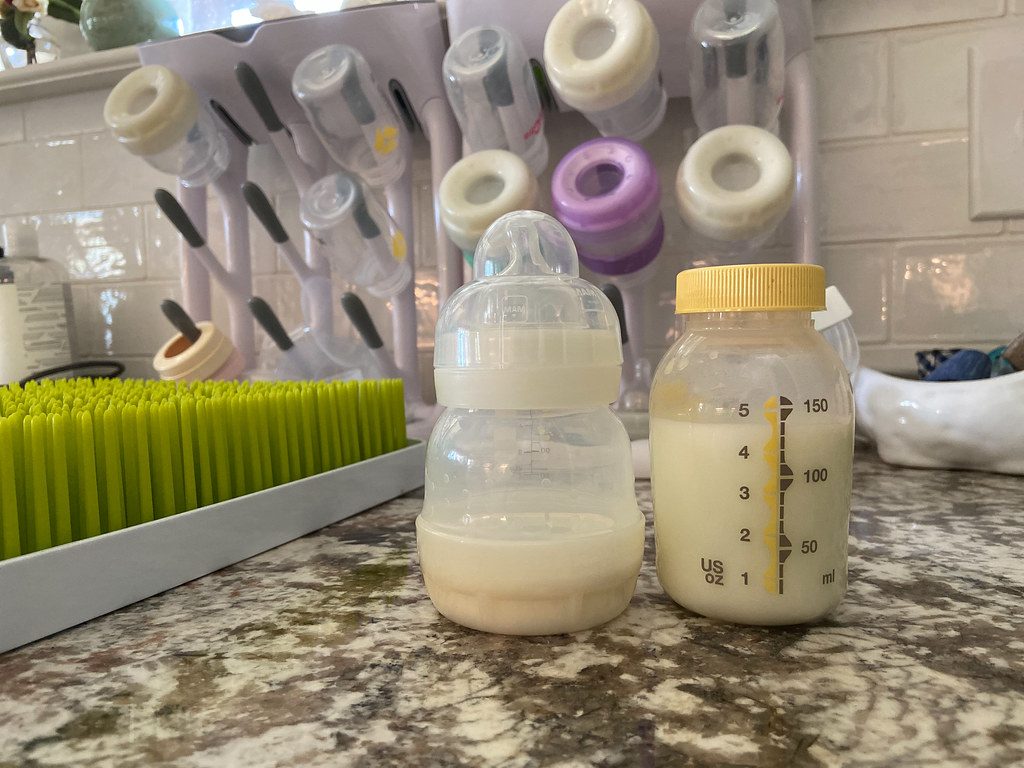 Pumped breastmilk and baby bottle