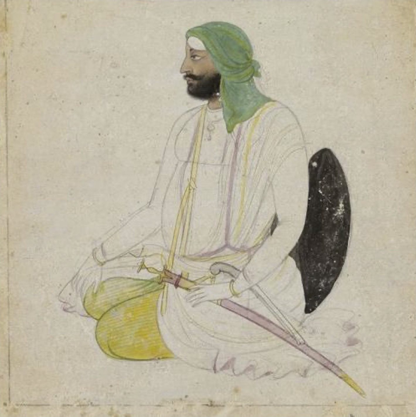 Painting of a Sikh Sardar wearing green turban, likely 19th century