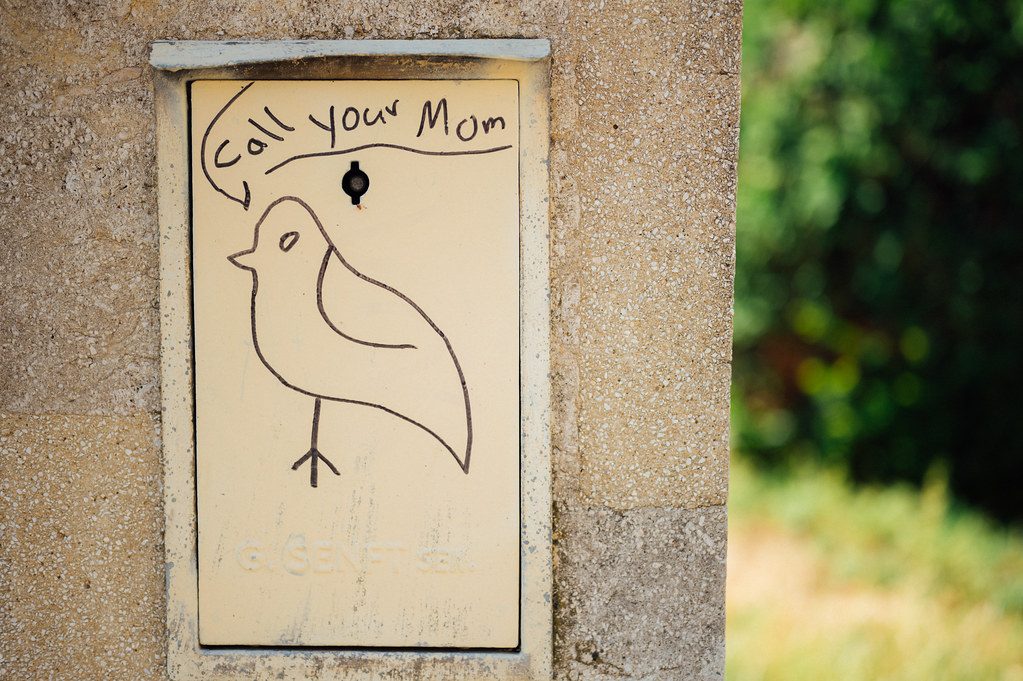 Bird drawn on a box on the wall with the message 'call your mom'