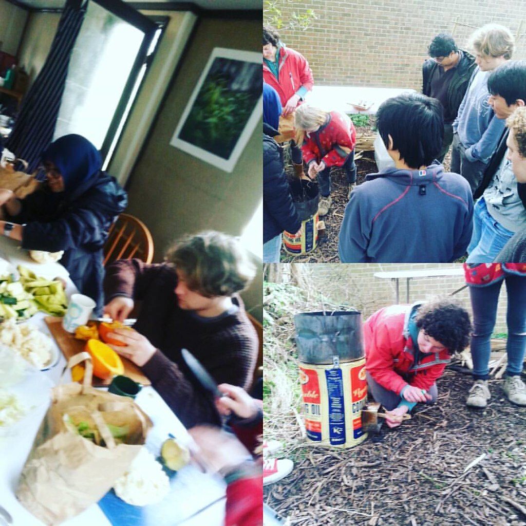 Joy and Izzy demonstrate how to use a rocket stove during the eco cooking workshop. We cooked veg curry on the RStove and flava bean dall in a pressure cooker both whent into a eco slow cooker - hay box / wonderbag. Eco Tech