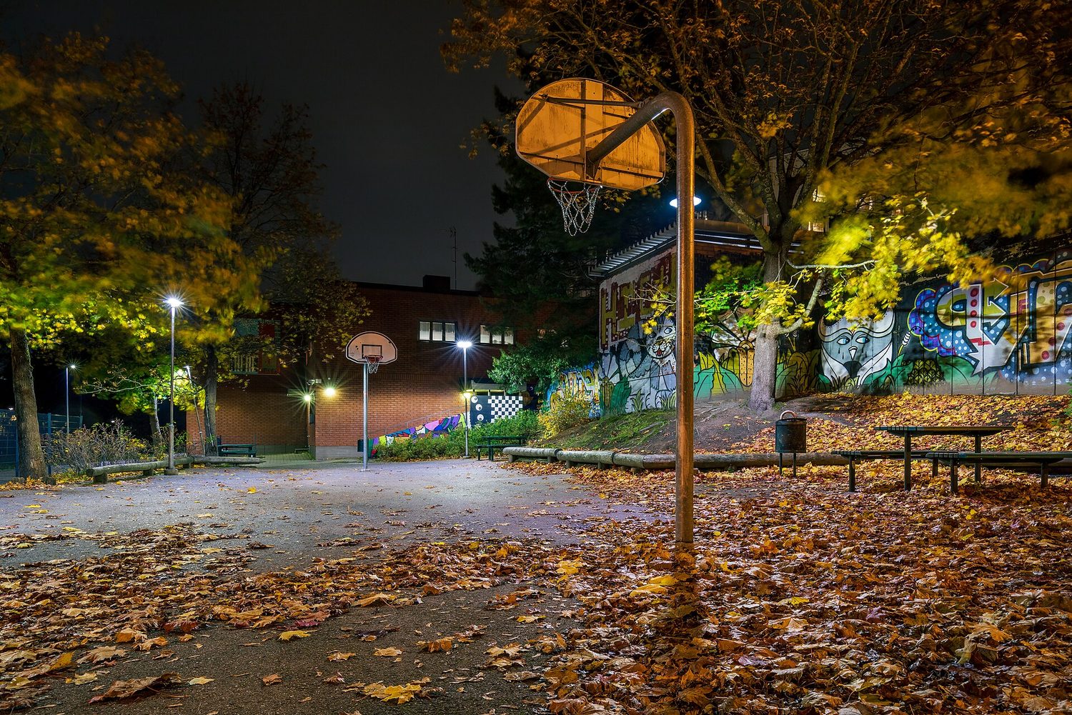 Autumn night at basketball court at Havukoski youth centre, Havukoski, Vantaa, Finland, 2021 October