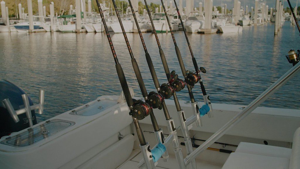 Fishing rods set up on a boat in Palmetto Bay, Florida